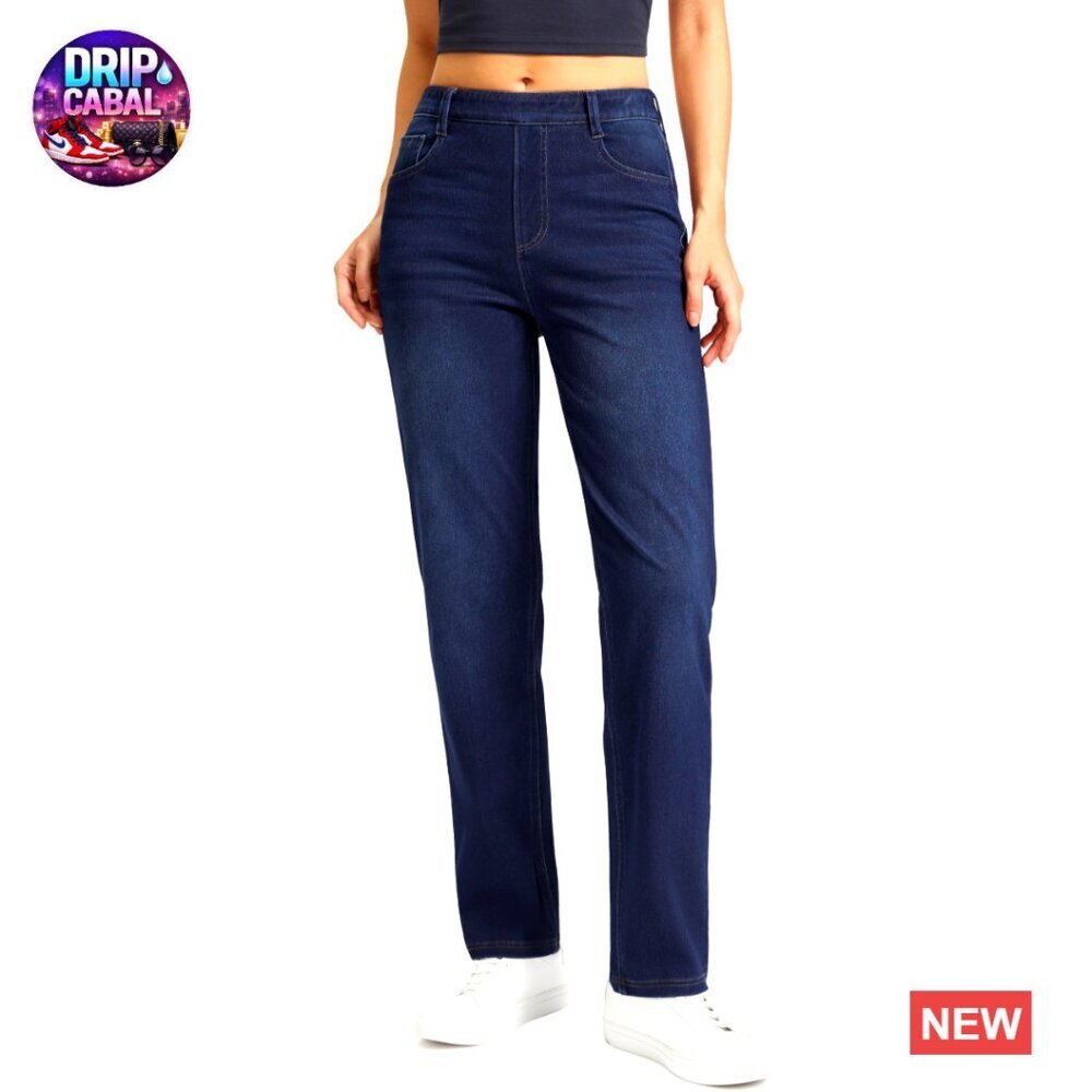 Stretchy Pull On Jeans High Waisted Tummy Control Straight Leg Denim Pants